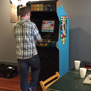 Playing Mario Bros on our fixed up arcade cabinet.